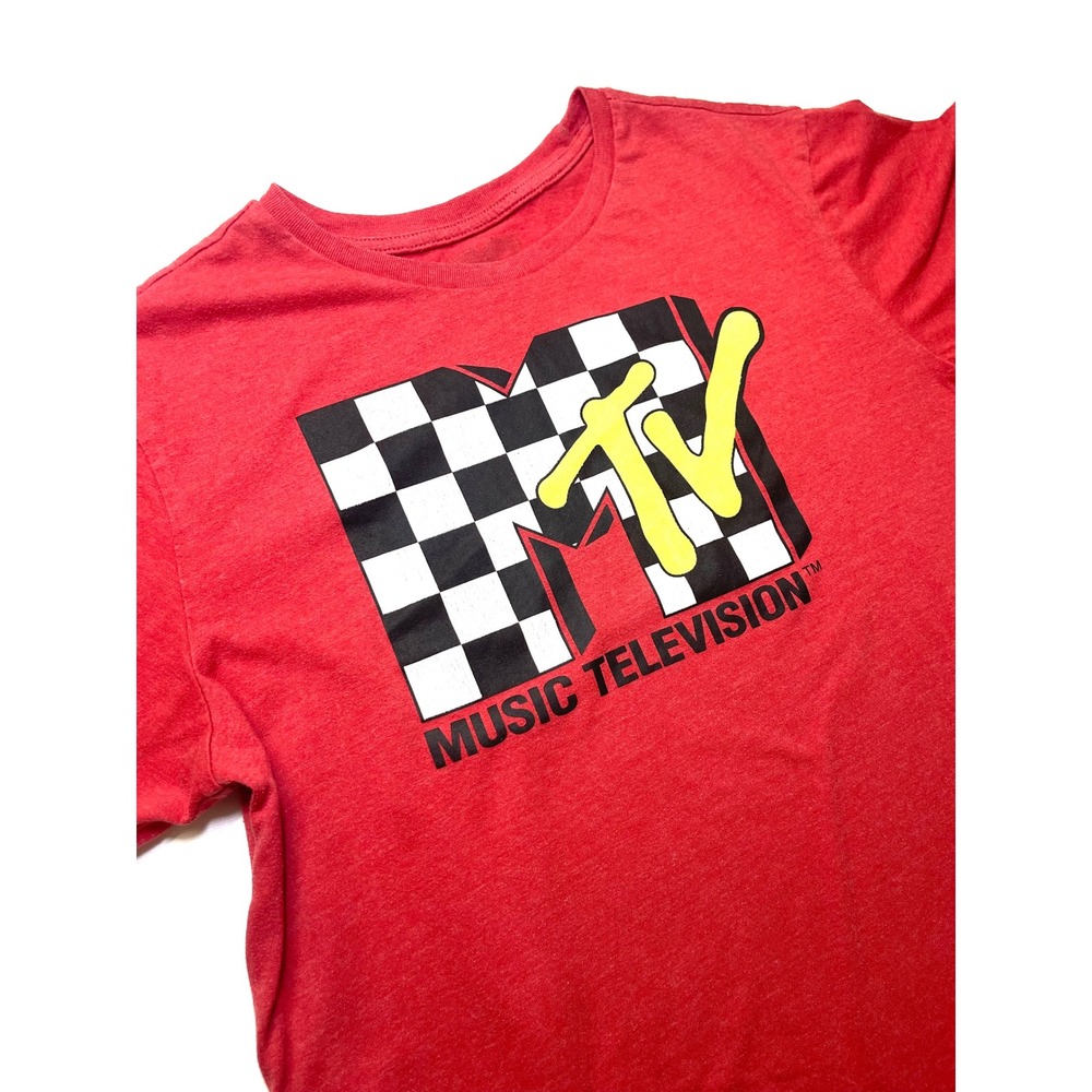 MTV Music Television Graphic T-Shirt Mens Small Red Checkered Logo Y2K Throwback